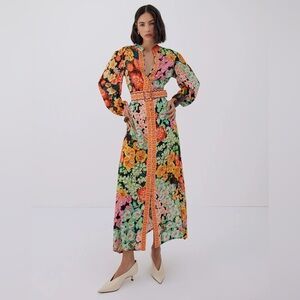 RAISHMA Amara Black Belted Floral Print Midi Dress Orange Size